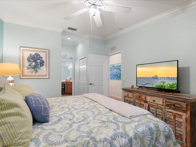 bedroom with a ceiling fan, visible vents, ensuite bathroom, and ornamental molding