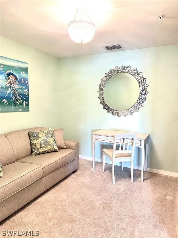 living room with baseboards, visible vents, and carpet floors