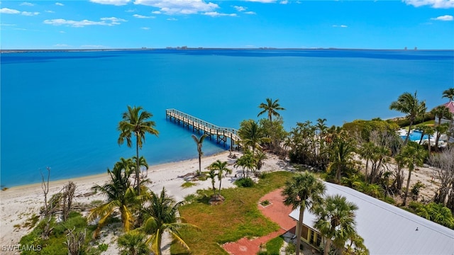 aerial view featuring a water view and a view of the beach