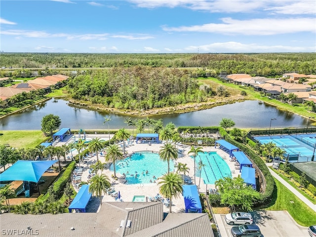 aerial view featuring a water view