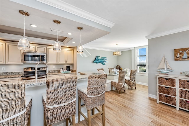 kitchen with decorative light fixtures, a breakfast bar, and stainless steel appliances