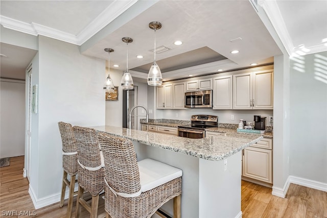 kitchen featuring light stone counters, stainless steel appliances, light hardwood / wood-style flooring, hanging light fixtures, and a tray ceiling