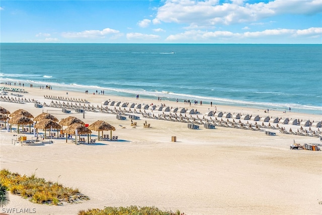 birds eye view of property with a water view and a view of the beach