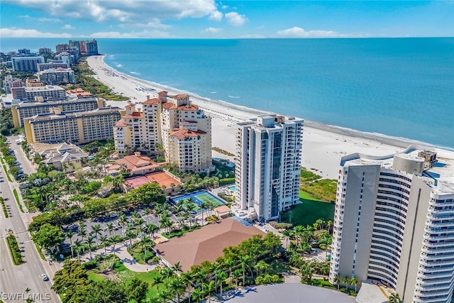 bird's eye view featuring a water view and a view of the beach