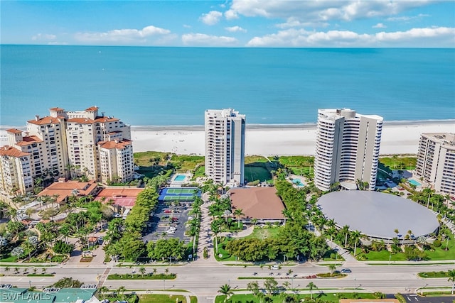 drone / aerial view with a water view and a view of the beach