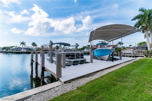 view of dock with a lawn and a water view