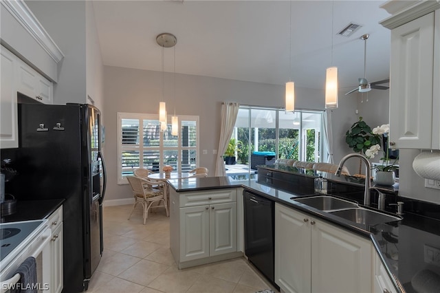 kitchen with light tile patterned floors, kitchen peninsula, dishwasher, ceiling fan, and sink