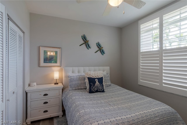 bedroom featuring a closet and ceiling fan