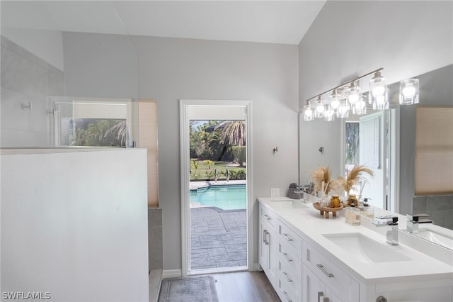 bathroom featuring dual vanity and wood-type flooring