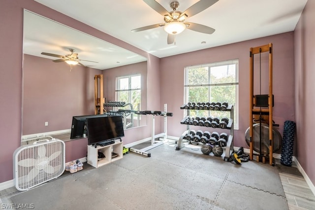 exercise area with ceiling fan