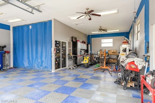 garage with ceiling fan