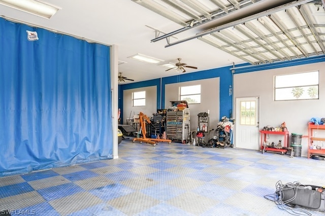 garage with ceiling fan