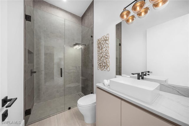 bathroom featuring toilet, a shower stall, wood finished floors, and vanity