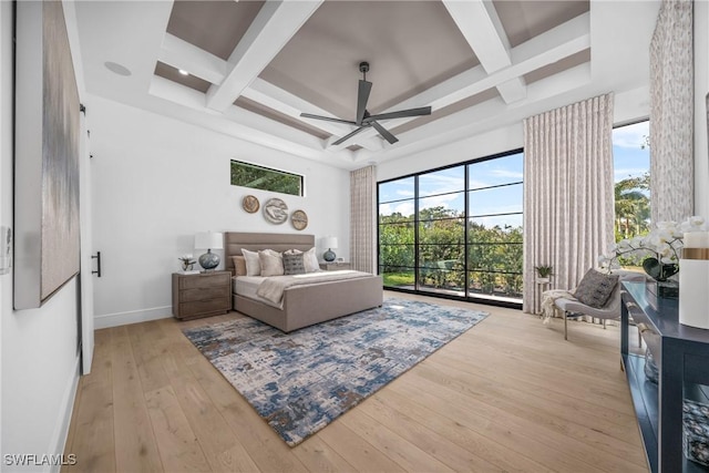 bedroom featuring light wood-style flooring, coffered ceiling, access to exterior, baseboards, and beamed ceiling