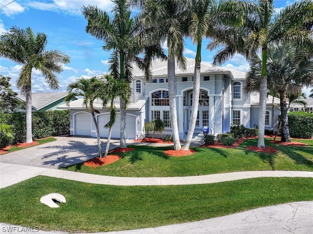 mediterranean / spanish-style house featuring a front yard and a garage