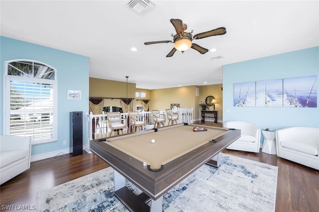 game room with billiards, dark hardwood / wood-style floors, and ceiling fan