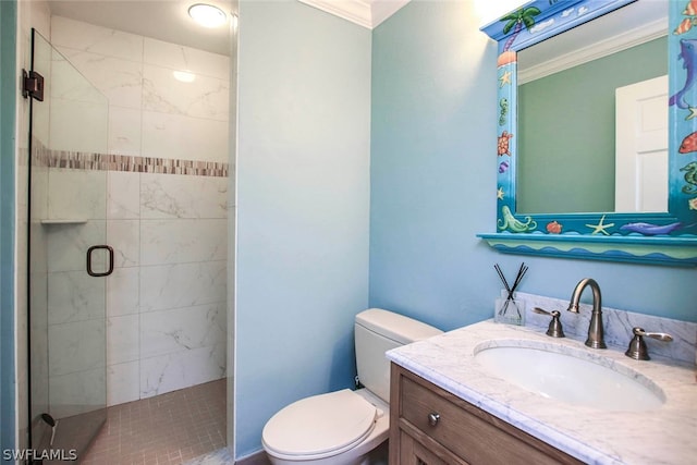 full bathroom with toilet, a stall shower, ornamental molding, and vanity