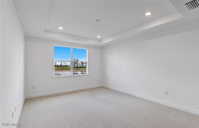 carpeted empty room with a tray ceiling