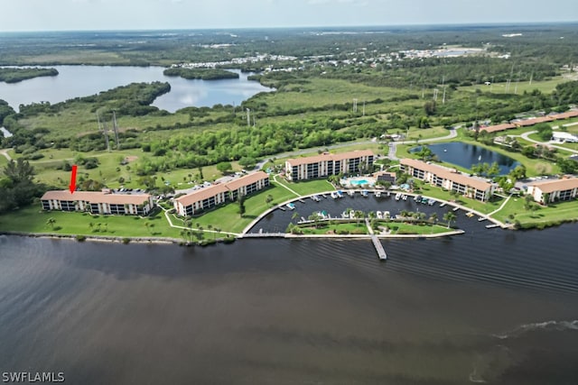 drone / aerial view with a water view