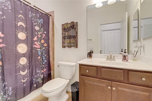 full bathroom with vanity, toilet, and shower / bathtub combination with curtain