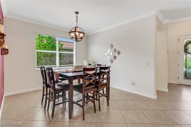 dining room featuring a chandelier, light tile patterned floors, and ornamental molding