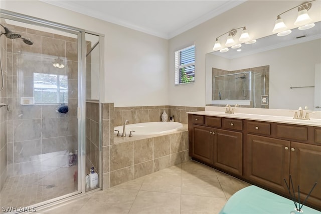 bathroom with tile patterned floors, plus walk in shower, vanity, and ornamental molding