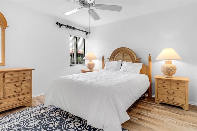 bedroom featuring ceiling fan and light wood-type flooring