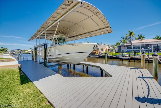 view of dock with glass enclosure and a water view