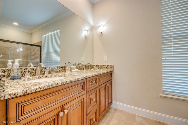 bathroom featuring crown molding, dual vanity, and tile flooring