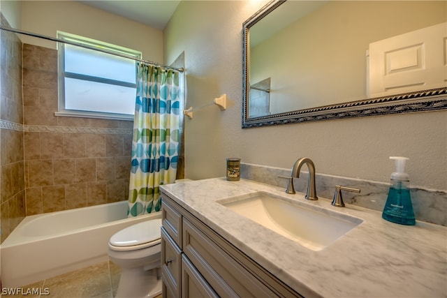 full bathroom with shower / bath combination with curtain, oversized vanity, toilet, and tile floors