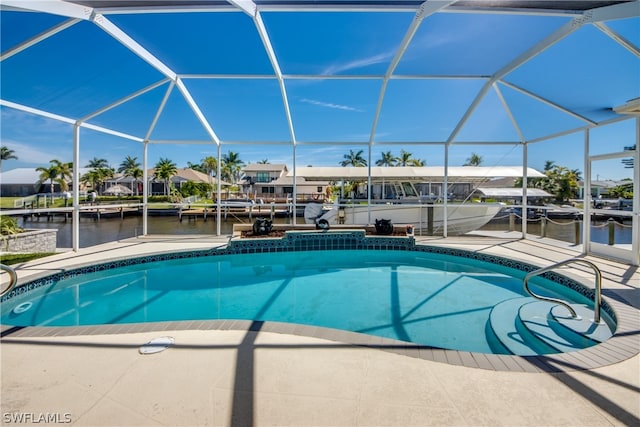 view of swimming pool with a lanai and a boat dock