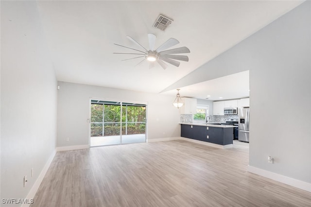 374 Dover Pl Unit 803, Naples, FL 34104 - unfurnished living room with light wood-type flooring, a ceiling fan, baseboards, and visible vents