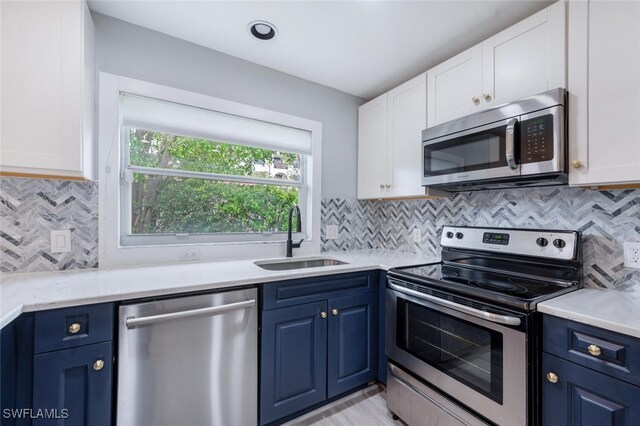 374 Dover Pl Unit 803, Naples, FL 34104 - kitchen with a sink, white cabinets, appliances with stainless steel finishes, and blue cabinetry
