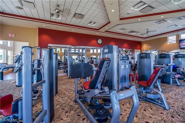 exercise room featuring carpet, a towering ceiling, and a tray ceiling