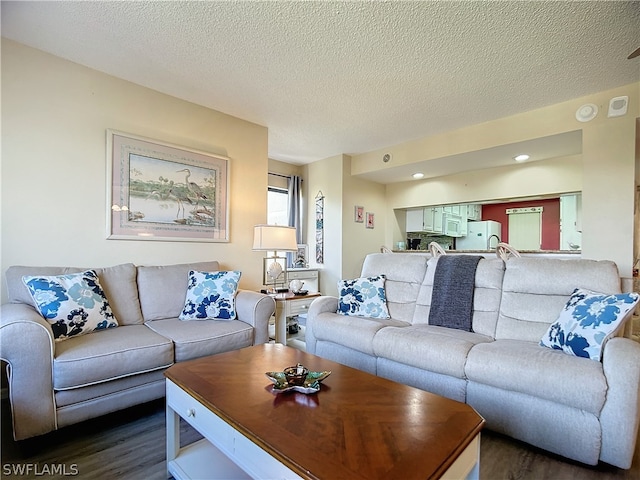 living room featuring a textured ceiling and dark wood-type flooring