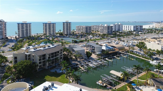 aerial view featuring a water view