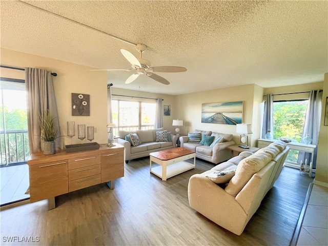 living room featuring a textured ceiling, hardwood / wood-style flooring, and ceiling fan