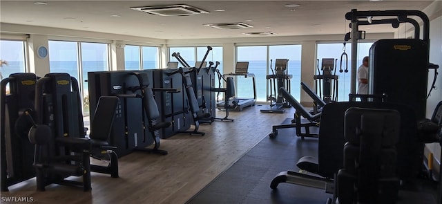 gym with a wealth of natural light, dark hardwood / wood-style floors, and a water view