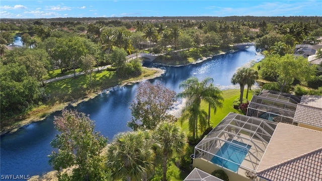 aerial view featuring a water view