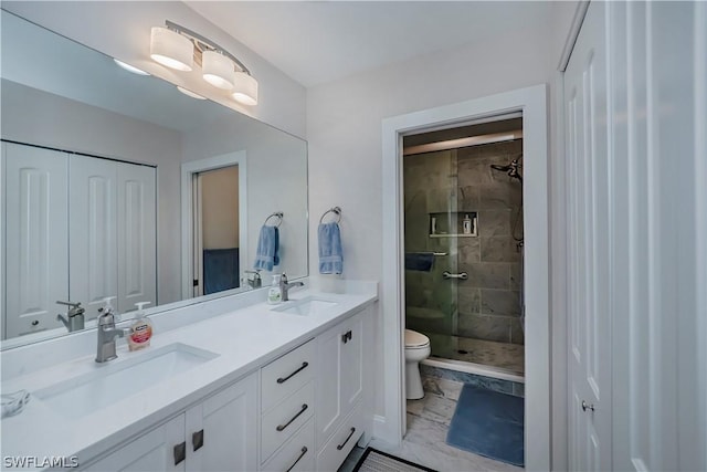 bathroom featuring a shower with door, vanity, and toilet