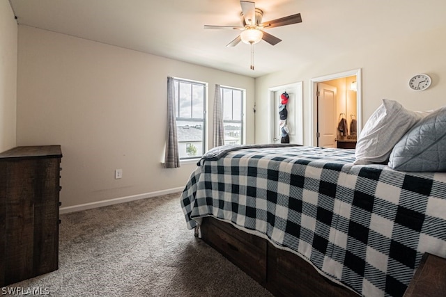 bedroom featuring ensuite bath, ceiling fan, and carpet flooring