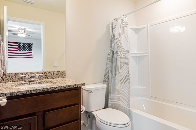 full bathroom with vanity, ceiling fan, toilet, and shower / bathtub combination with curtain