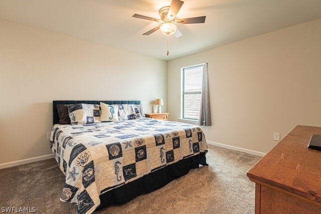 bedroom with ceiling fan and carpet floors