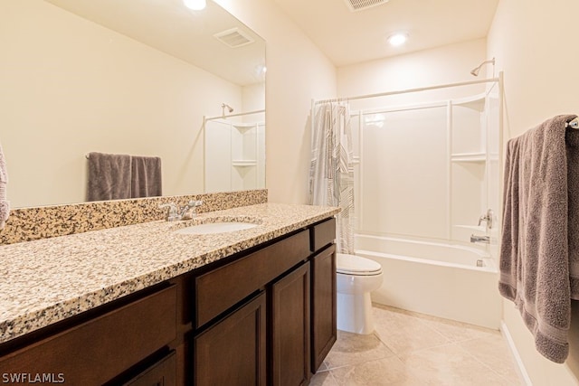 full bathroom with shower / bath combo with shower curtain, toilet, tile floors, and vanity