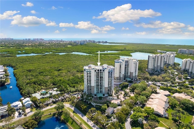 bird's eye view with a water view