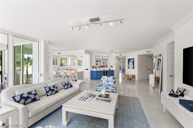 tiled living room with crown molding