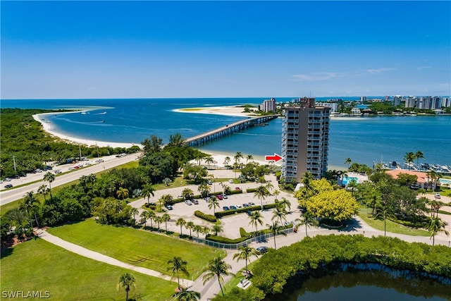 aerial view featuring a water view