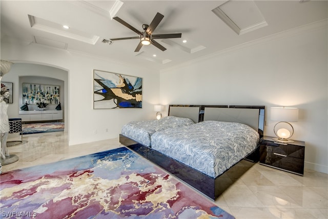 tiled bedroom featuring ornamental molding and ceiling fan