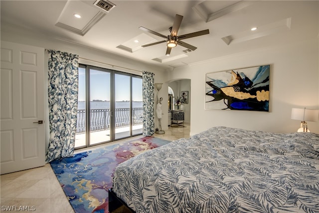 tiled bedroom featuring ornamental molding, coffered ceiling, ceiling fan, and access to outside