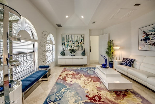 living room with vaulted ceiling